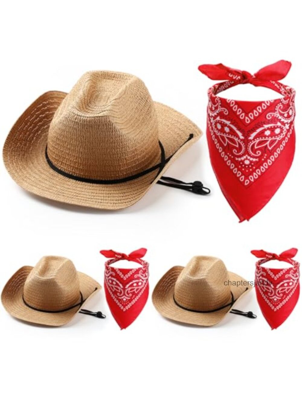 Straw Cowboy Hats with Bandanas Set Western Costume Accessories